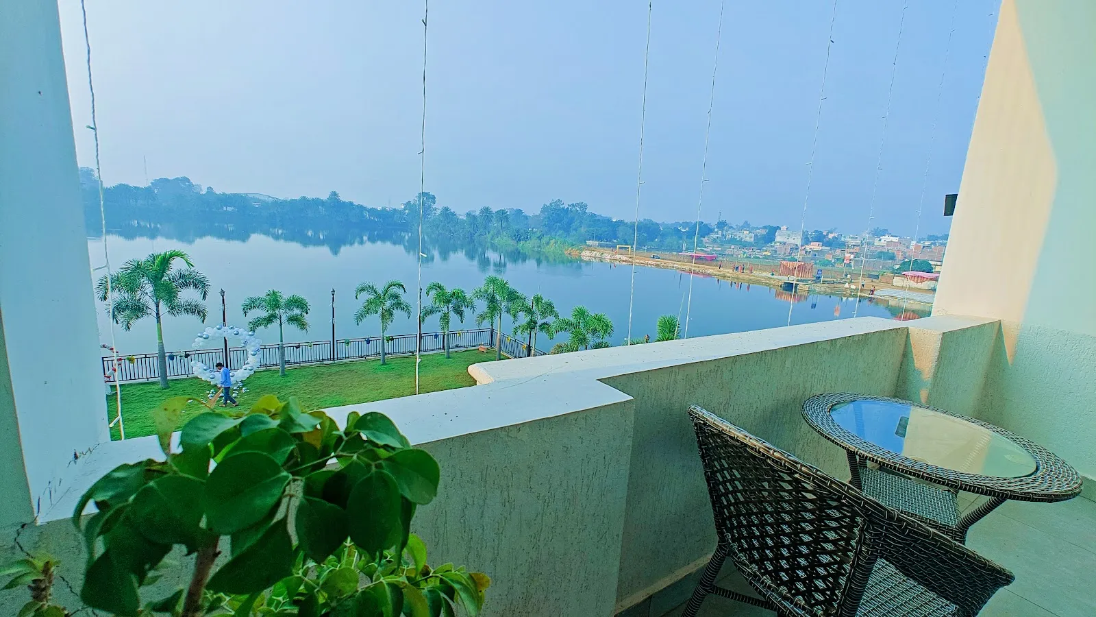 Balcony seating overlooking the lake