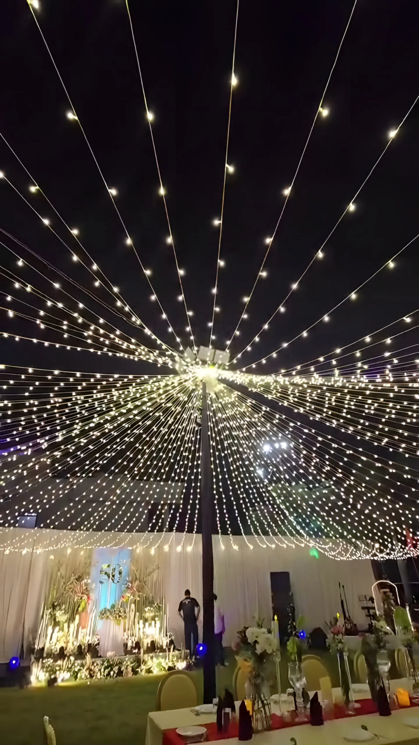 Strings of lights spreading from the centre pole over the lawn